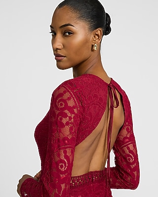 Lace Crew Neck Long Sleeve Ruffle Mini Dress