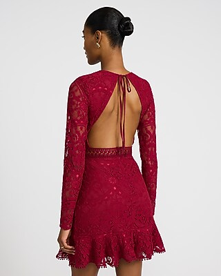 Lace Crew Neck Long Sleeve Ruffle Mini Dress