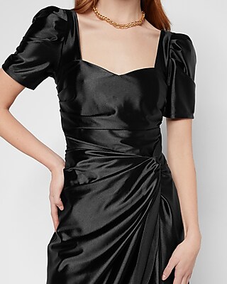 puff sleeve ruched bust tie back satin dress