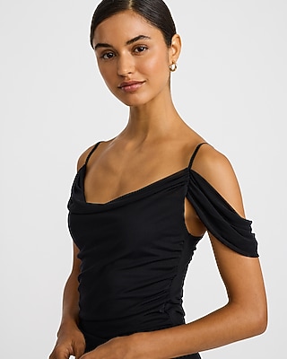 Mesh Cowl Neck Off The Shoulder Draped Maxi Dress - thumbnail 2