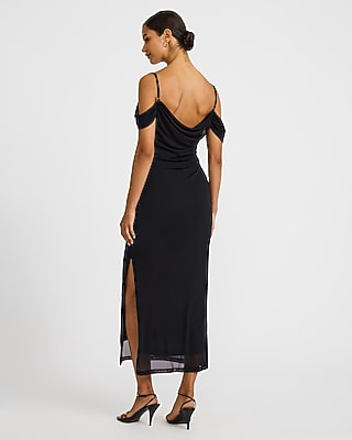 Mesh Cowl Neck Off The Shoulder Draped Maxi Dress - thumbnail 3
