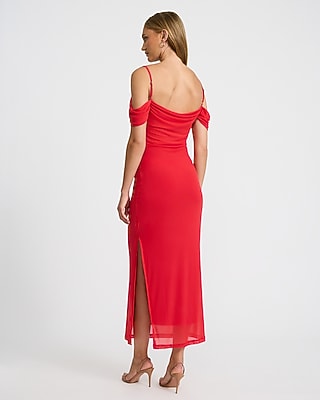 Mesh Cowl Neck Off The Shoulder Draped Maxi Dress - thumbnail 5