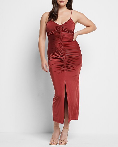 Summer Satin Ruched High Slit Plus Size Corset Shapewear Dress For Women V  Neck Midi With Spaghetti Straps, Perfect For Casual Parties And Sexy Night  Outfits Clo255G From Iklpz, $34.23