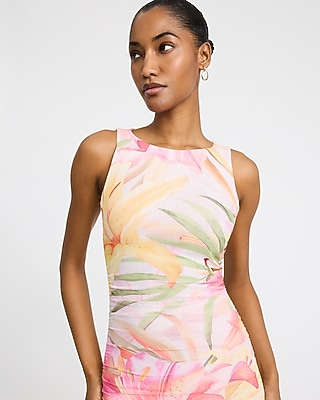 Mesh Floral Ruched Maxi Sheath Dress