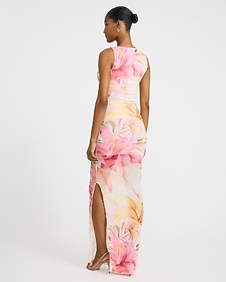 Mesh Floral Ruched Maxi Sheath Dress