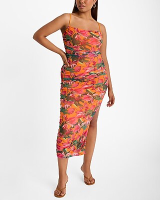 Ex - Bare Sq Nk Mesh Ruched Midi - Print Orange - 9417050:print-orange:m |  Express