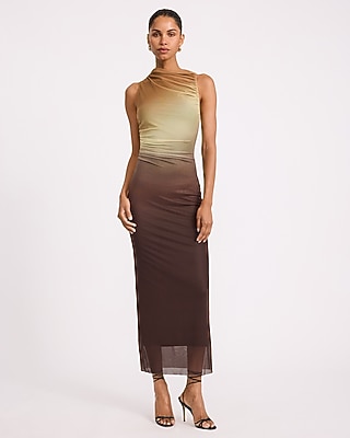 Printed Mesh Asymmetrical Neckline Ruched Maxi Dress