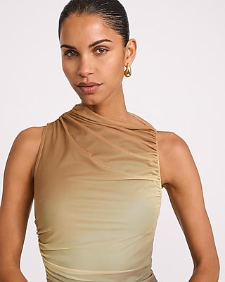 Printed Mesh Asymmetrical Neckline Ruched Maxi Dress