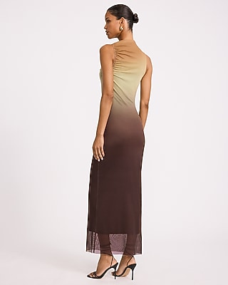 Printed Mesh Asymmetrical Neckline Ruched Maxi Dress