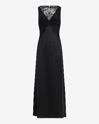 Satin Lace Pieced Crew Neck Maxi Slip Dress