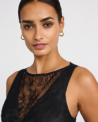 Satin Lace Pieced Crew Neck Maxi Slip Dress