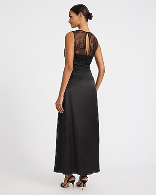 Satin Lace Pieced Crew Neck Maxi Slip Dress