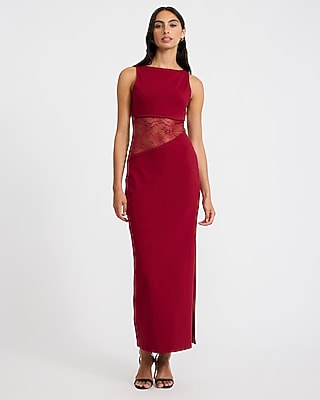 Lace Pieced Boat Neck Open Back Maxi Dress