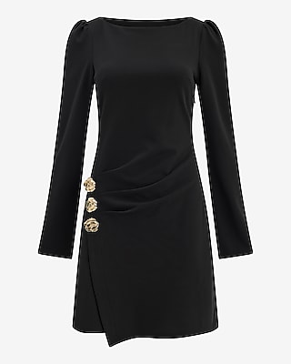 Boat Neck Long Sleeve Hardware Side Wrap Mini Dress