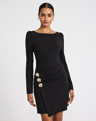 Boat Neck Long Sleeve Hardware Side Wrap Mini Dress