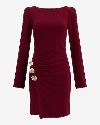 Boat Neck Long Sleeve Hardware Side Wrap Mini Dress
