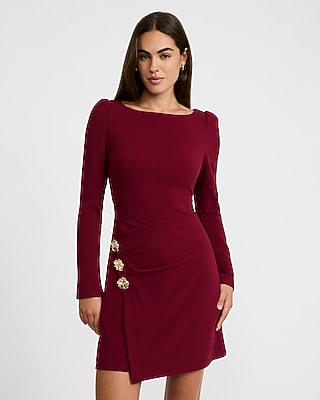 Boat Neck Long Sleeve Hardware Side Wrap Mini Dress
