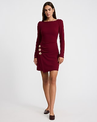 Boat Neck Long Sleeve Hardware Side Wrap Mini Dress