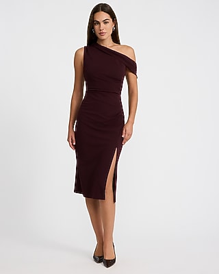 One Shoulder Draped Side Slit Midi Sheath Dress