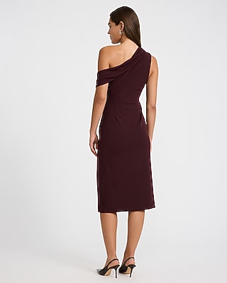 One Shoulder Draped Side Slit Midi Sheath Dress