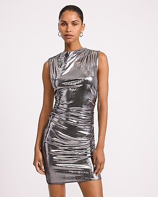Metallic Mock Neck Sleeveless Mini Sheath Dress