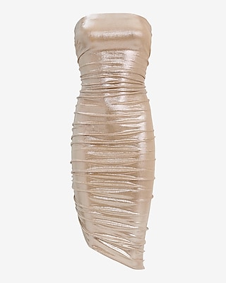 Metallic Strapless High-Low Midi Sheath Dress