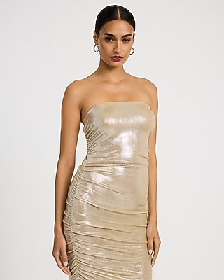 Metallic Strapless High-Low Midi Sheath Dress