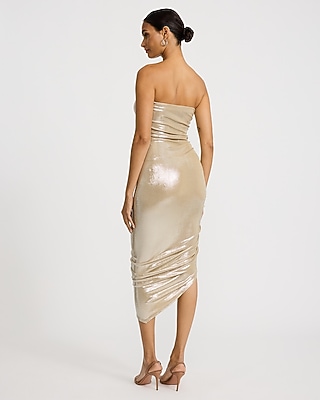 Metallic Strapless High-Low Midi Sheath Dress