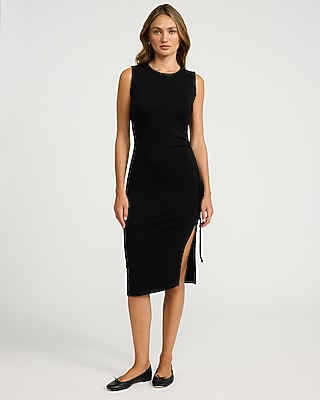 Crew Neck Short Sleeve Ruched Midi Knit Dress