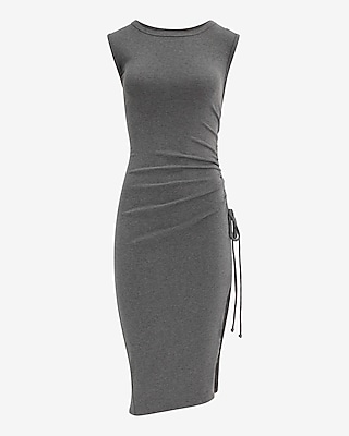 Crew Neck Short Sleeve Ruched Midi Knit Dress