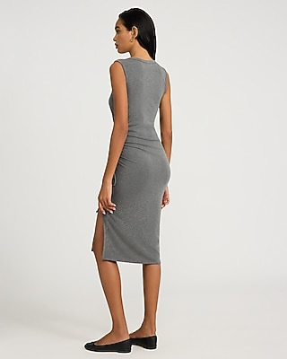 Crew Neck Short Sleeve Ruched Midi Knit Dress