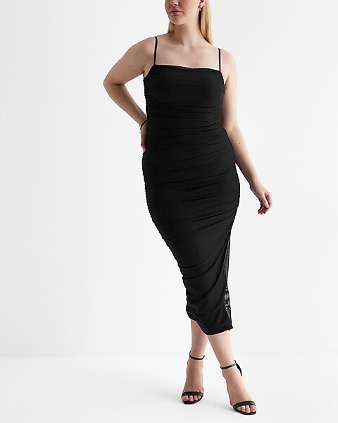 Express, Body Contour Mesh Ruched Midi Skirt With Built-In Shapewear in  Pitch B