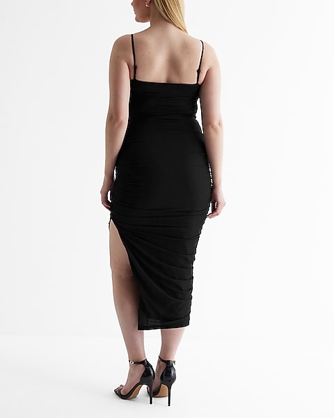 Body Contour Mesh Ruched Side Slit Midi Dress With Bra Cups