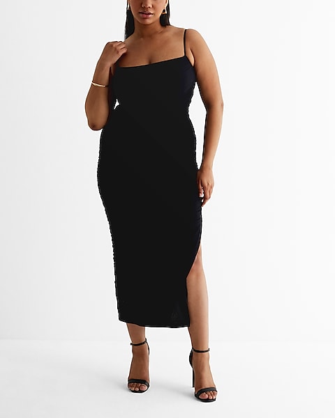 Express  Body Contour Mesh Ruched Side Slit Midi Dress in