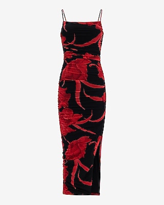 Printed Mesh Square Neck Ruched Midi Sheath Dress