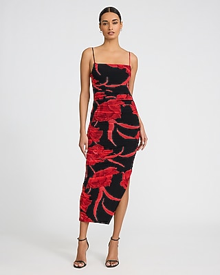 Printed Mesh Square Neck Ruched Midi Sheath Dress