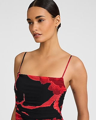 Printed Mesh Square Neck Ruched Midi Sheath Dress