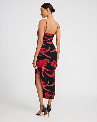 Printed Mesh Square Neck Ruched Midi Sheath Dress