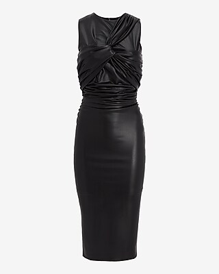 Body Contour Faux Leather Twist Front Midi Dress With Built-in