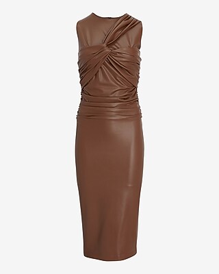 brown puff sleeve maxi dress 100% Linen Twist Front Women Sleeveless Maxi Dress, Brown / S main image 0