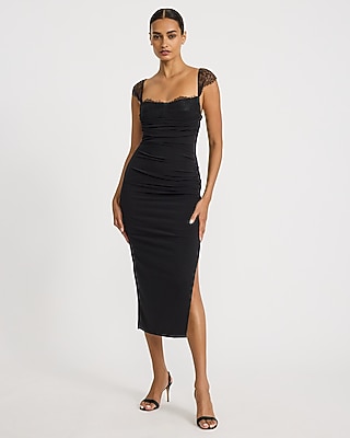 Lace Pieced Sweetheart Cap Sleeve Ruched Midi Dress
