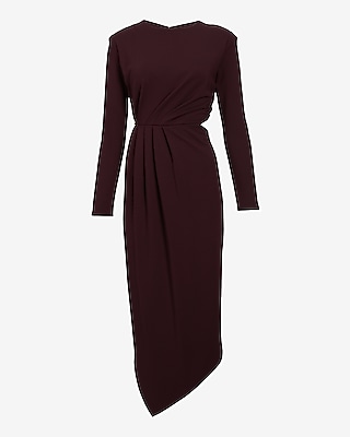 Long Sleeve Cutout Ruched Asymmetrical Hem Midi Dress