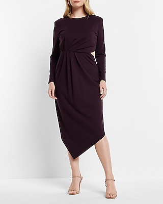 Long Sleeve Cutout Ruched Asymmetrical Hem Midi Dress