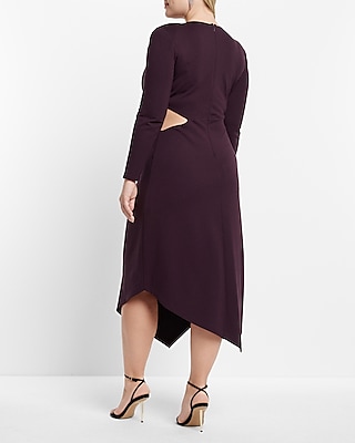 Long Sleeve Cutout Ruched Asymmetrical Hem Midi Dress