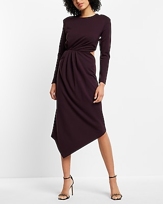 Long Sleeve Cutout Ruched Asymmetrical Hem Midi Dress