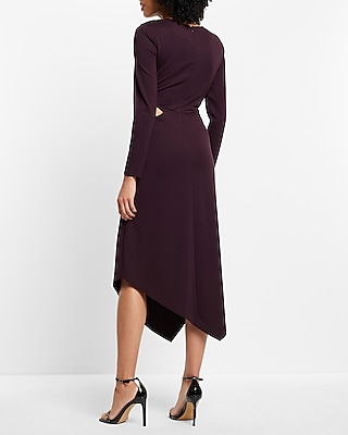 Long Sleeve Cutout Ruched Asymmetrical Hem Midi Dress