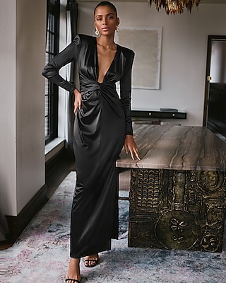 Satin Plunge V-neck Padded Shoulder Twist Front Maxi Dress | Express