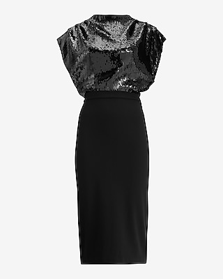 Sequin Draped Mock Neck Midi Sheath Dress