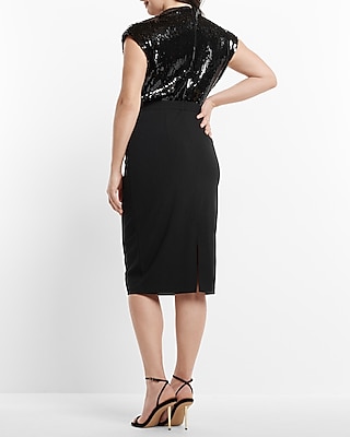 Sequin Draped Mock Neck Midi Sheath Dress