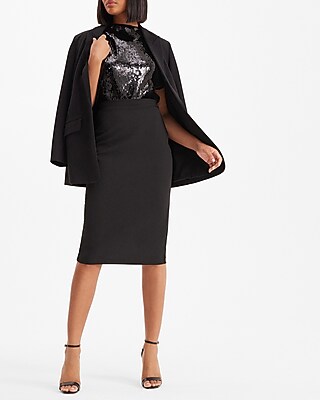 Sequin Draped Mock Neck Midi Sheath Dress